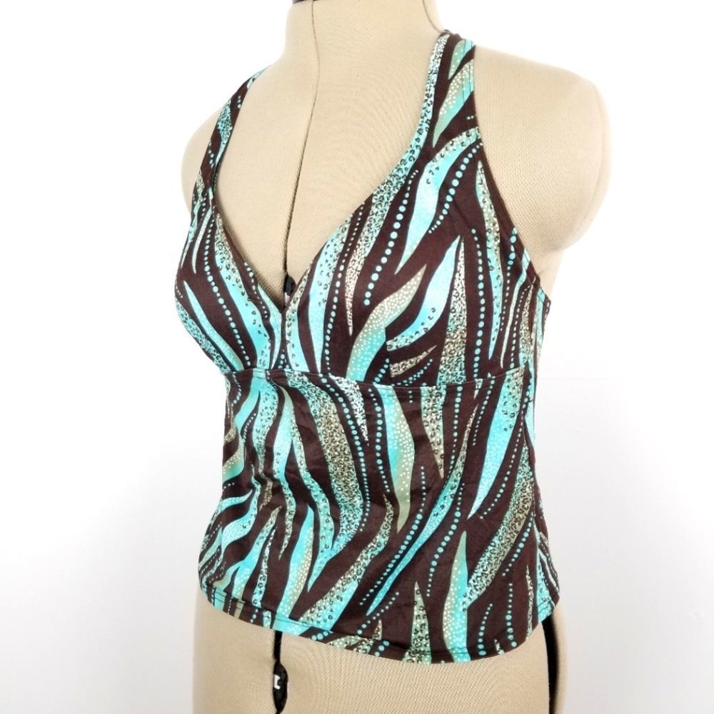 St John's bay 12 Tankini top halter padded  turquoise brown striped cheetah